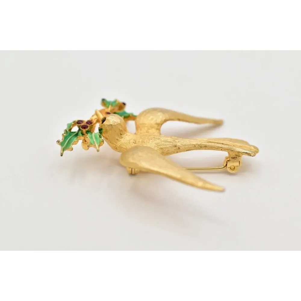 Mylu Vintage Christmas Bird Pin Brooch Brushed Gold Holiday Signed 1950s BinBK